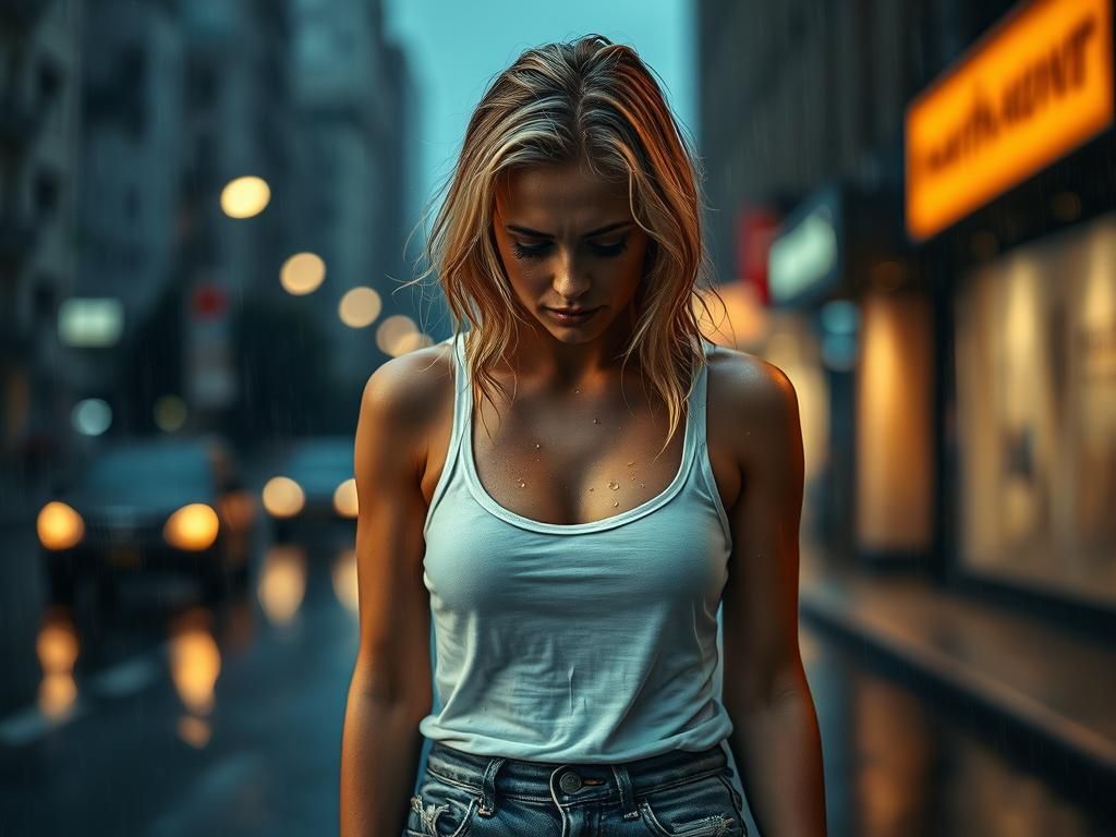 Melancholy Woman Cries in Rainy Cityscape