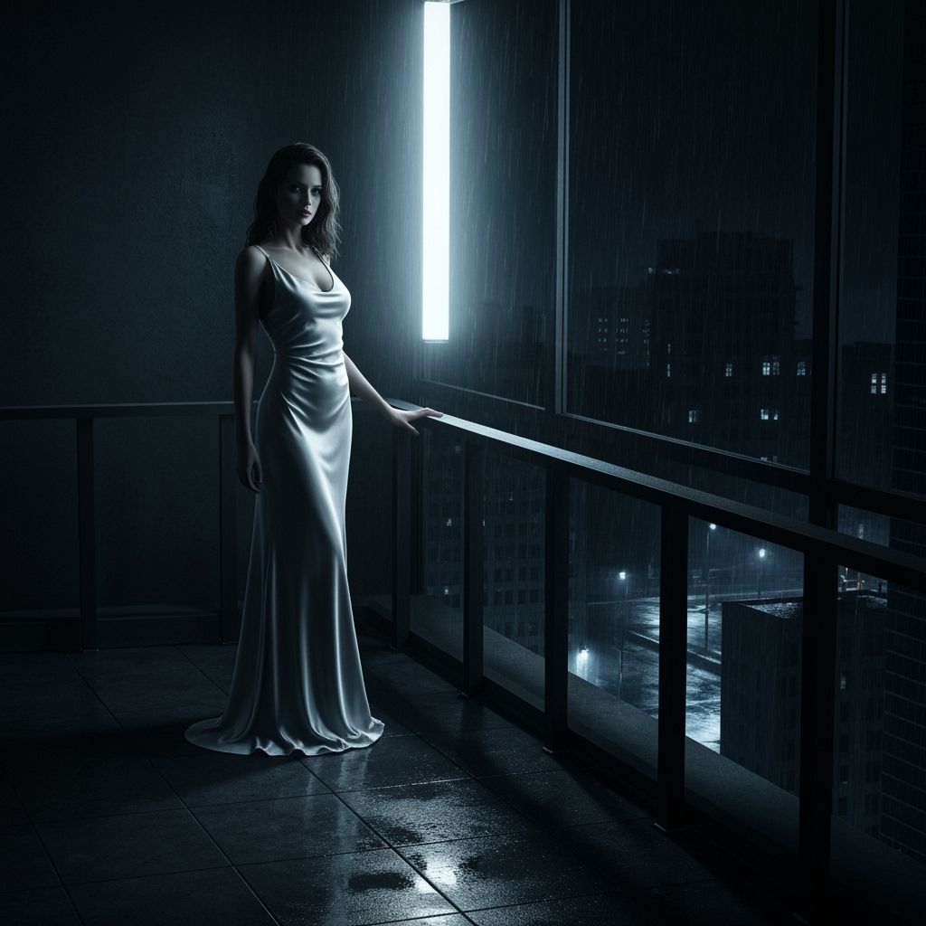 Woman in Silk Gown on Balcony Overlooking Rainy City