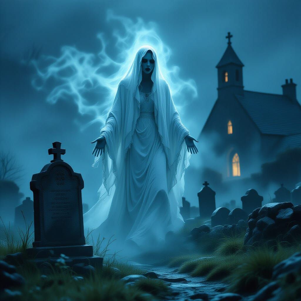 Ethereal Woman's Ghost in Celtic Graveyard