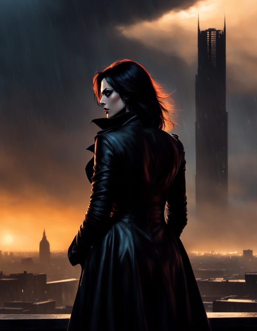 Gothic Woman on Rooftop in Rain-Swept City