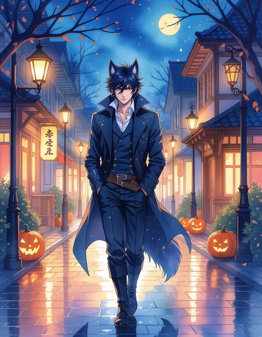 Handsome Anime Werewolf on Halloween Street