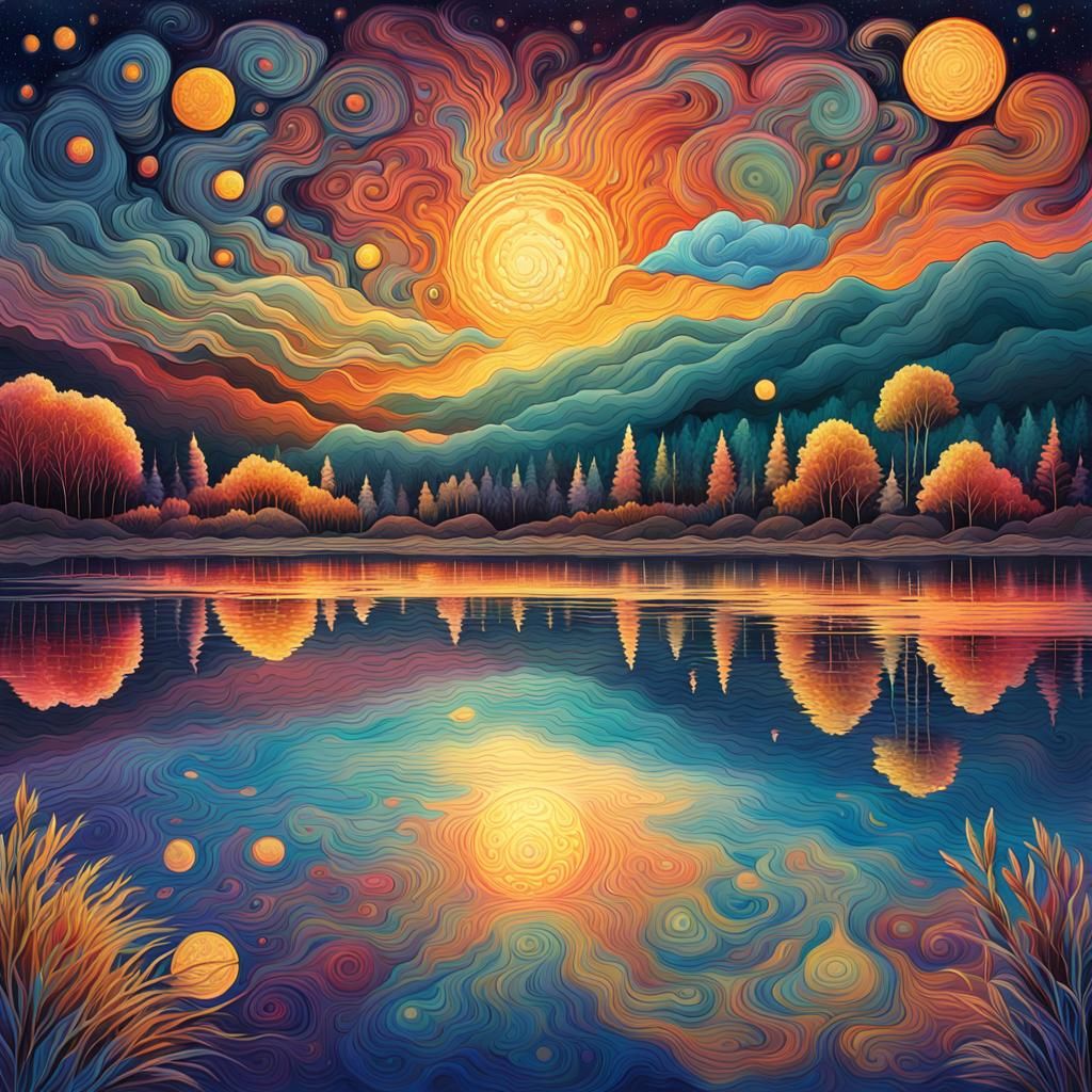 Cosmic Lake Sunset: A Surreal Astral Illustration