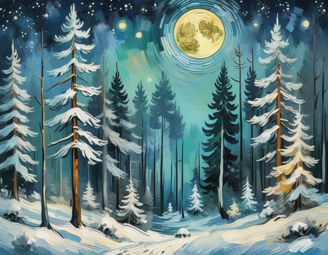 Winter Forest in Van Gogh Impressionist Style
