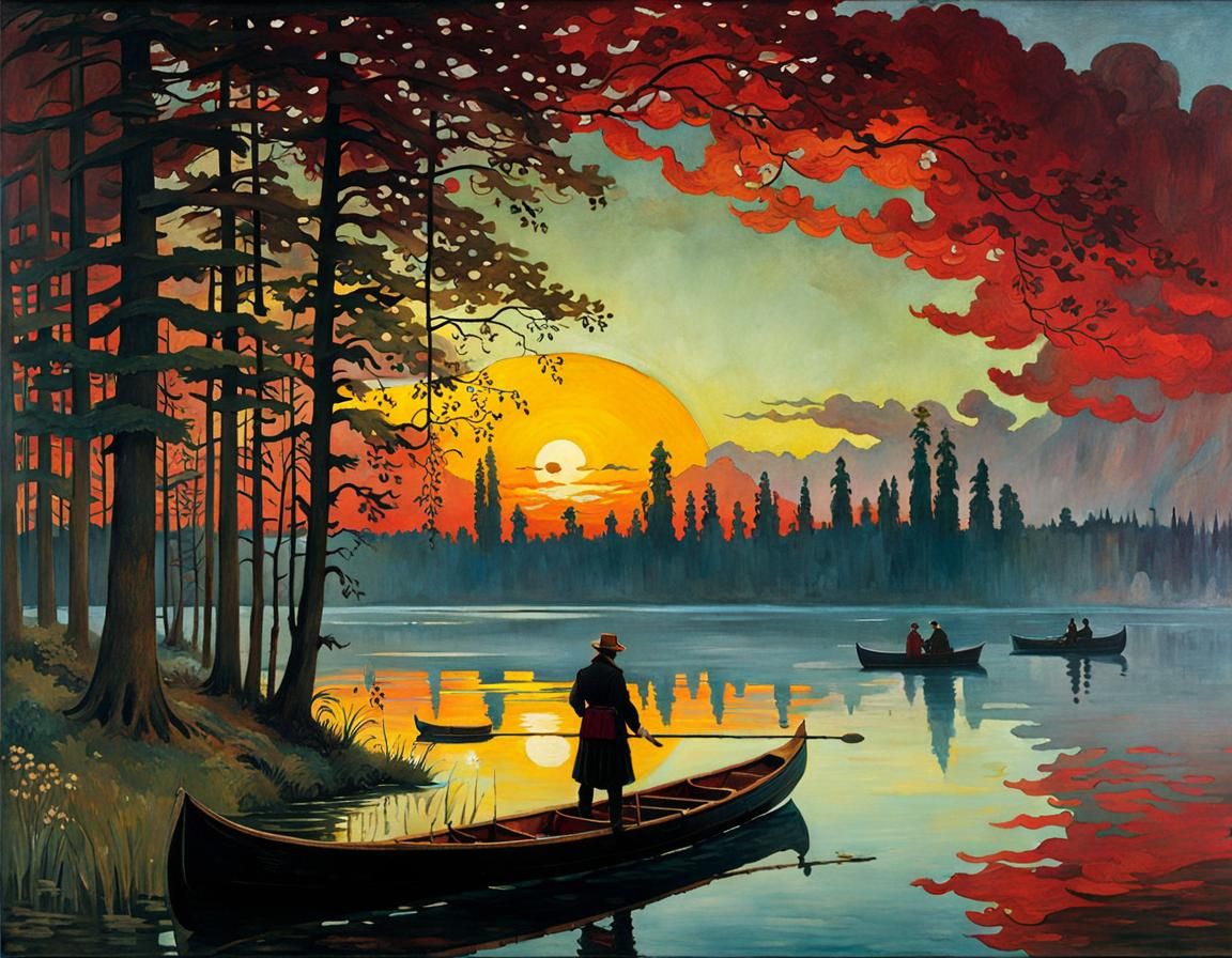 Victorian Lady and Leopard Lord in Canoe Painting