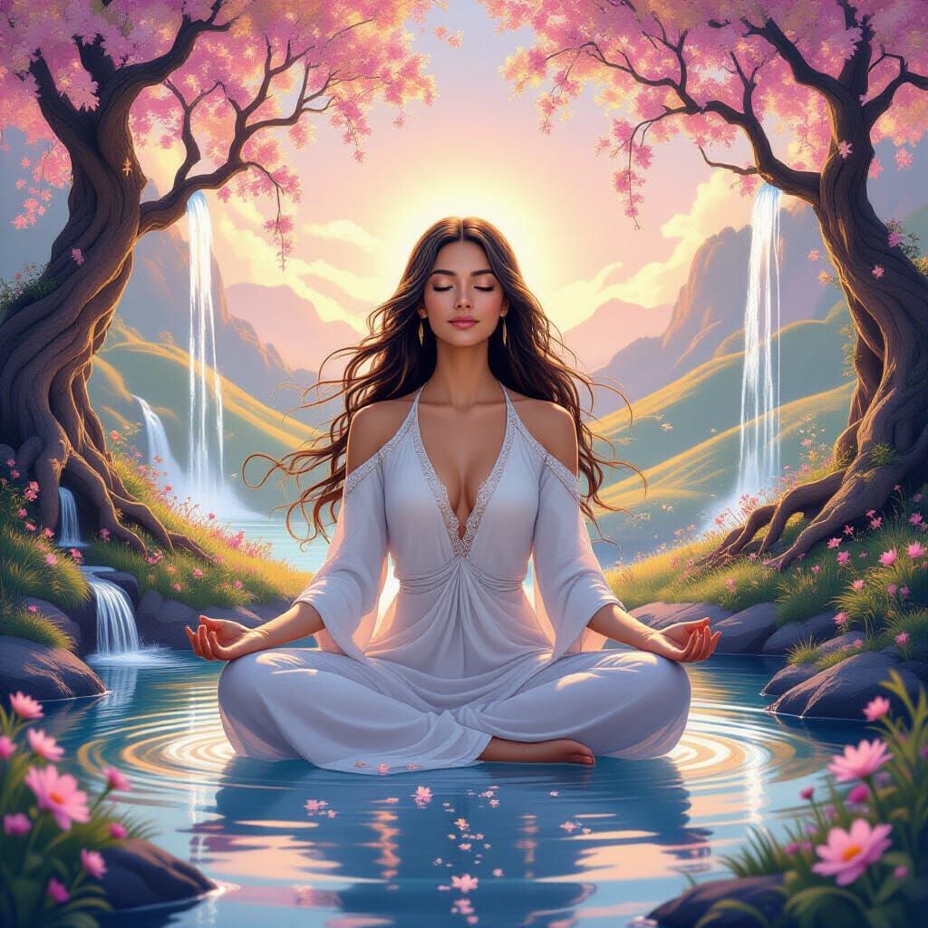 Meditating Woman Merges With Nature