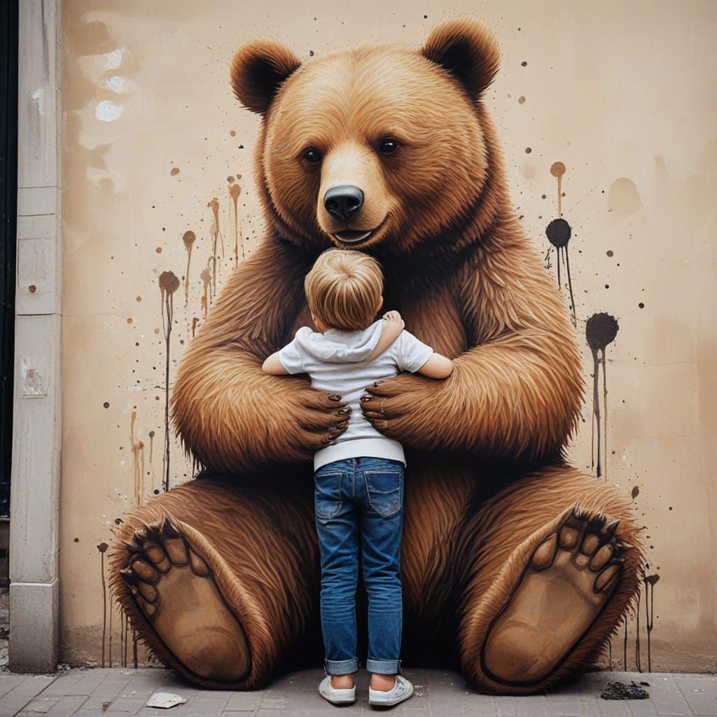 Bear Hug Street Art: Child's Joyful Embrace