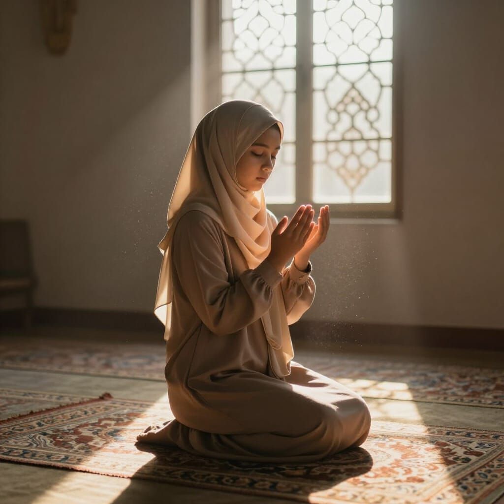 Muslim Girl in Prayer at Sunrise