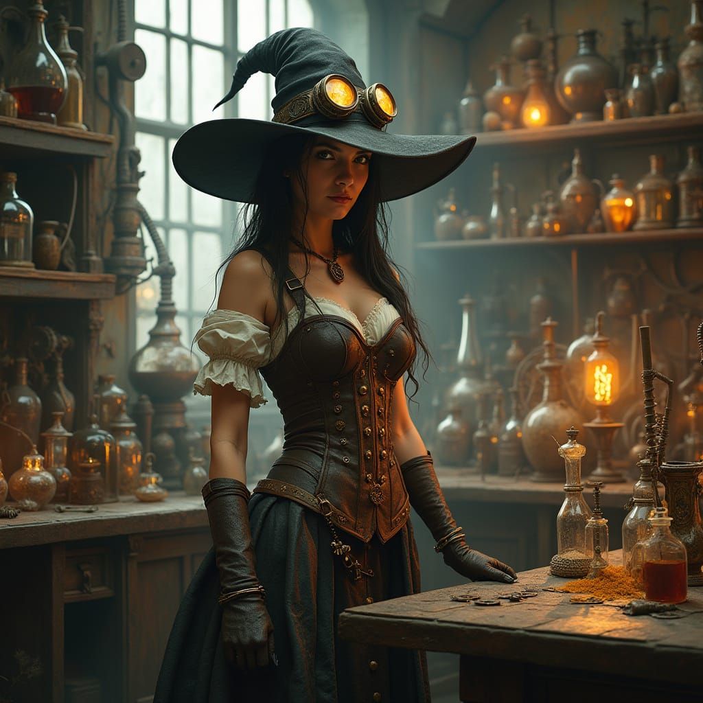 Steampunk Witch in Alchemist's Laboratory