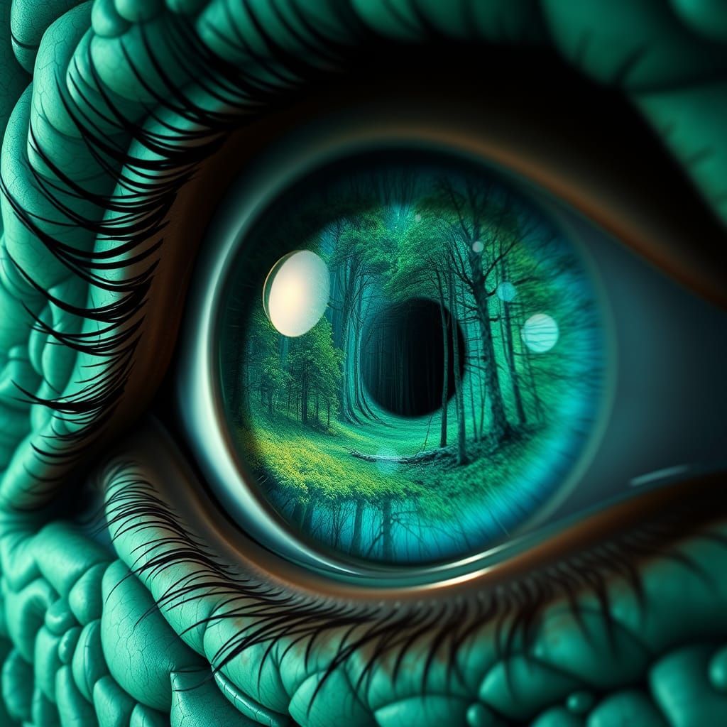 Mystical Turquoise Eye Reflects Vast Forest in Detail