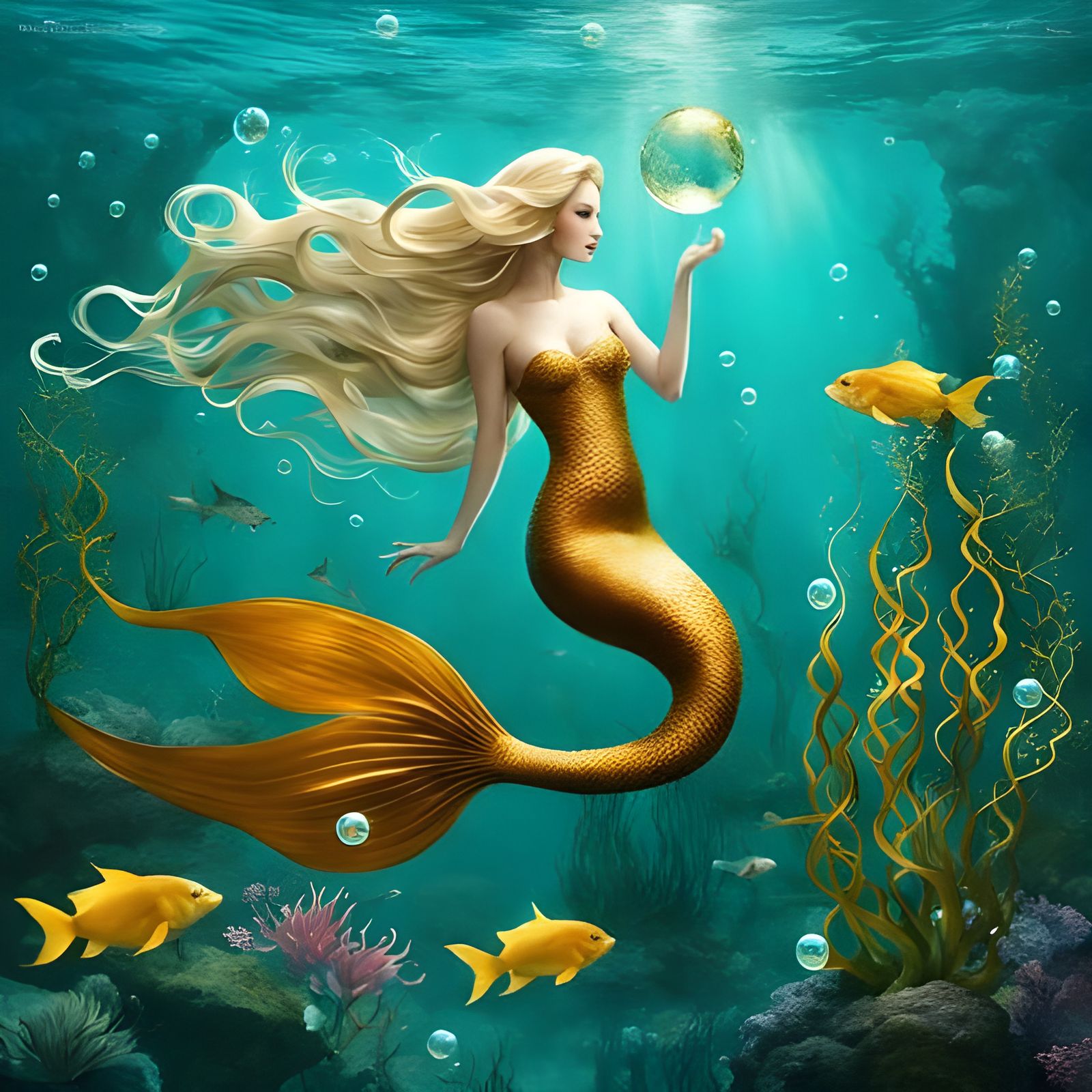 Blond Mermaid Princess in Turquoise Water Art