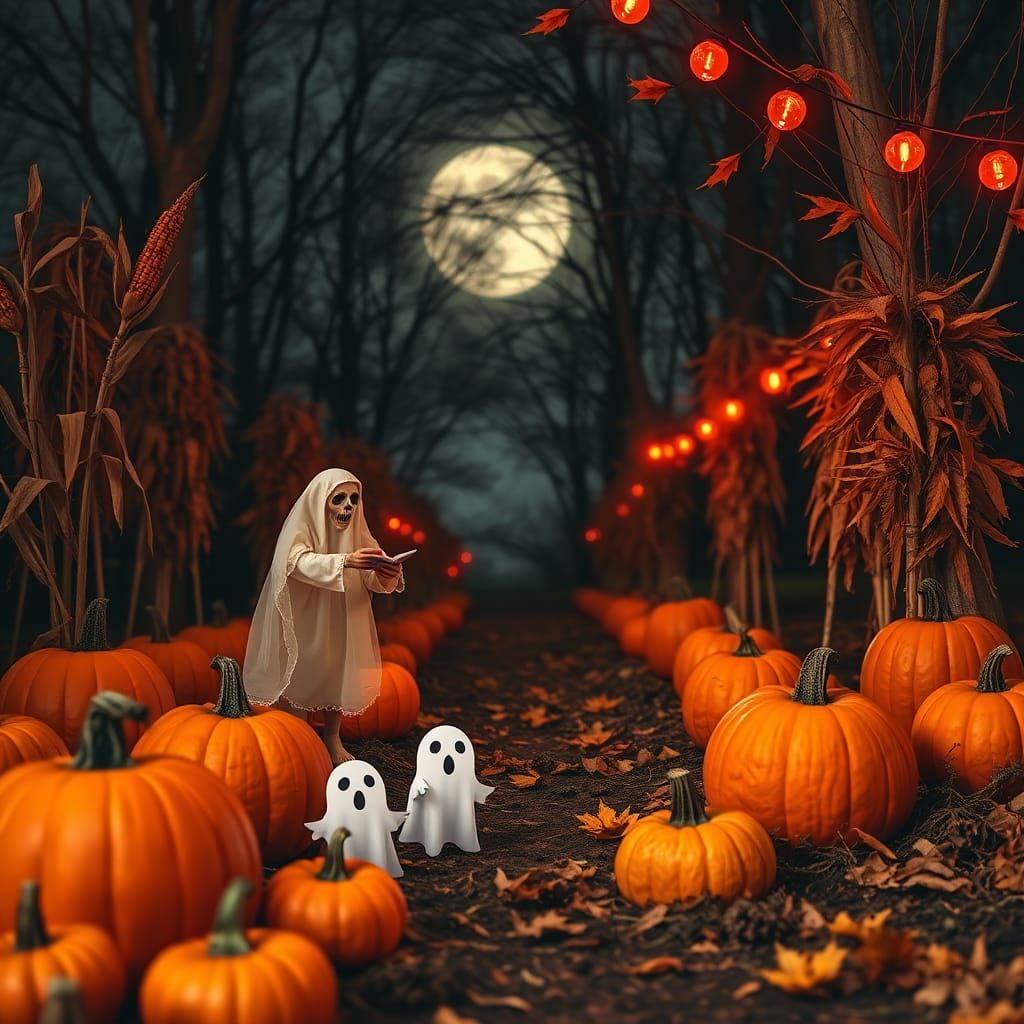 Photorealistic Halloween Scene with Pumpkins and Ghosts