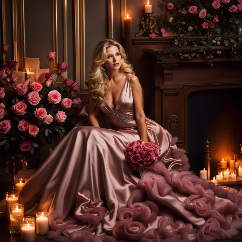Blonde Woman in Ash Satin Gown by Fireplace