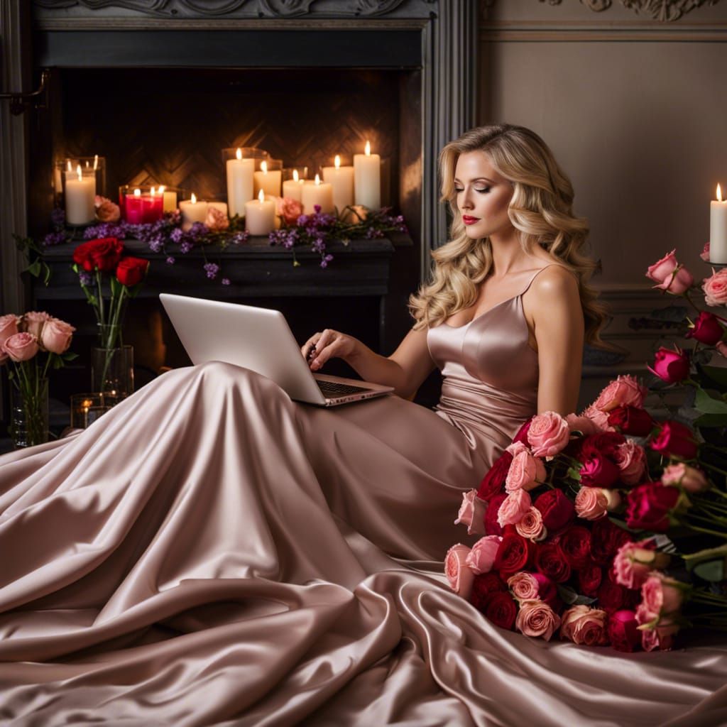 Blonde Woman in Ash Satin Gown by Fireplace
