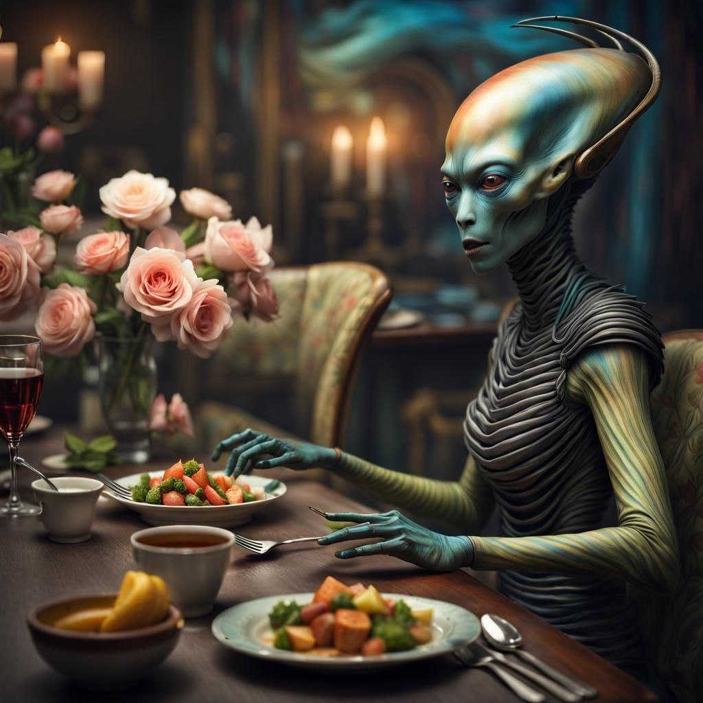 Beautiful Alien at Table: Hyperrealistic Polychromatic Art