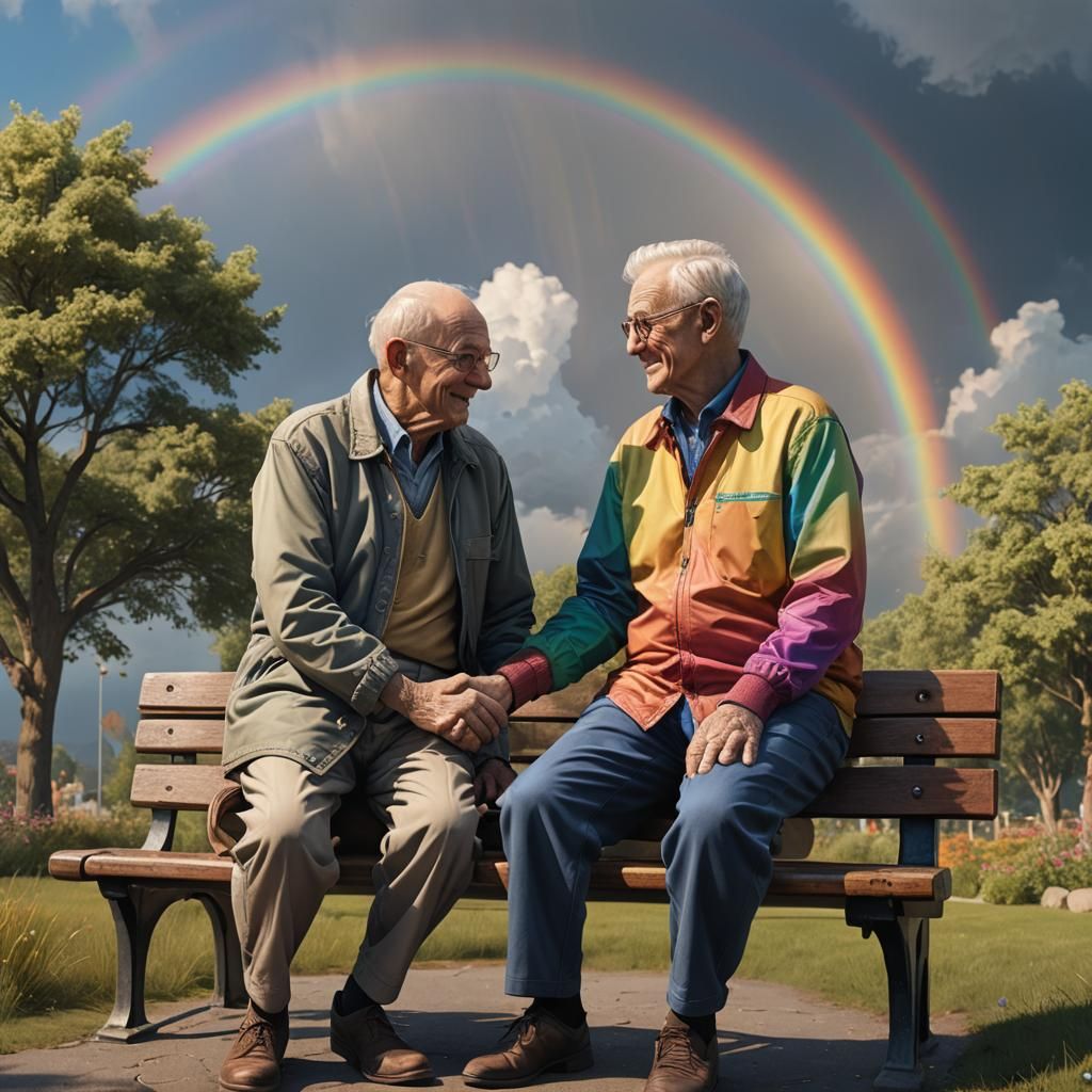 Elderly Gay Couple's Tender Moment Under Rainbow