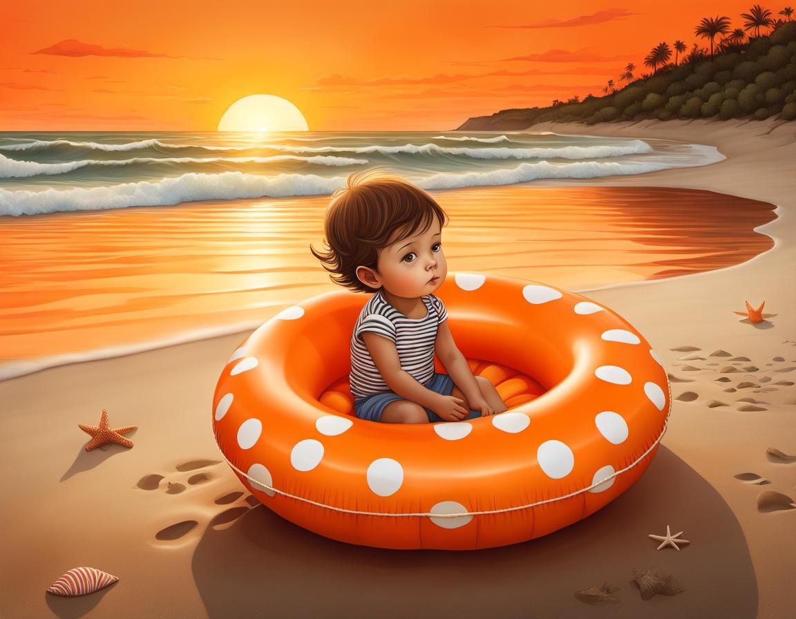 Child in Floatie at Sunset: Whimsical Orange Art