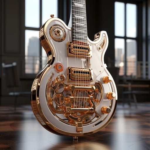 Futuristic Gold and Chrome Electric Guitar in Steampunk Scen...
