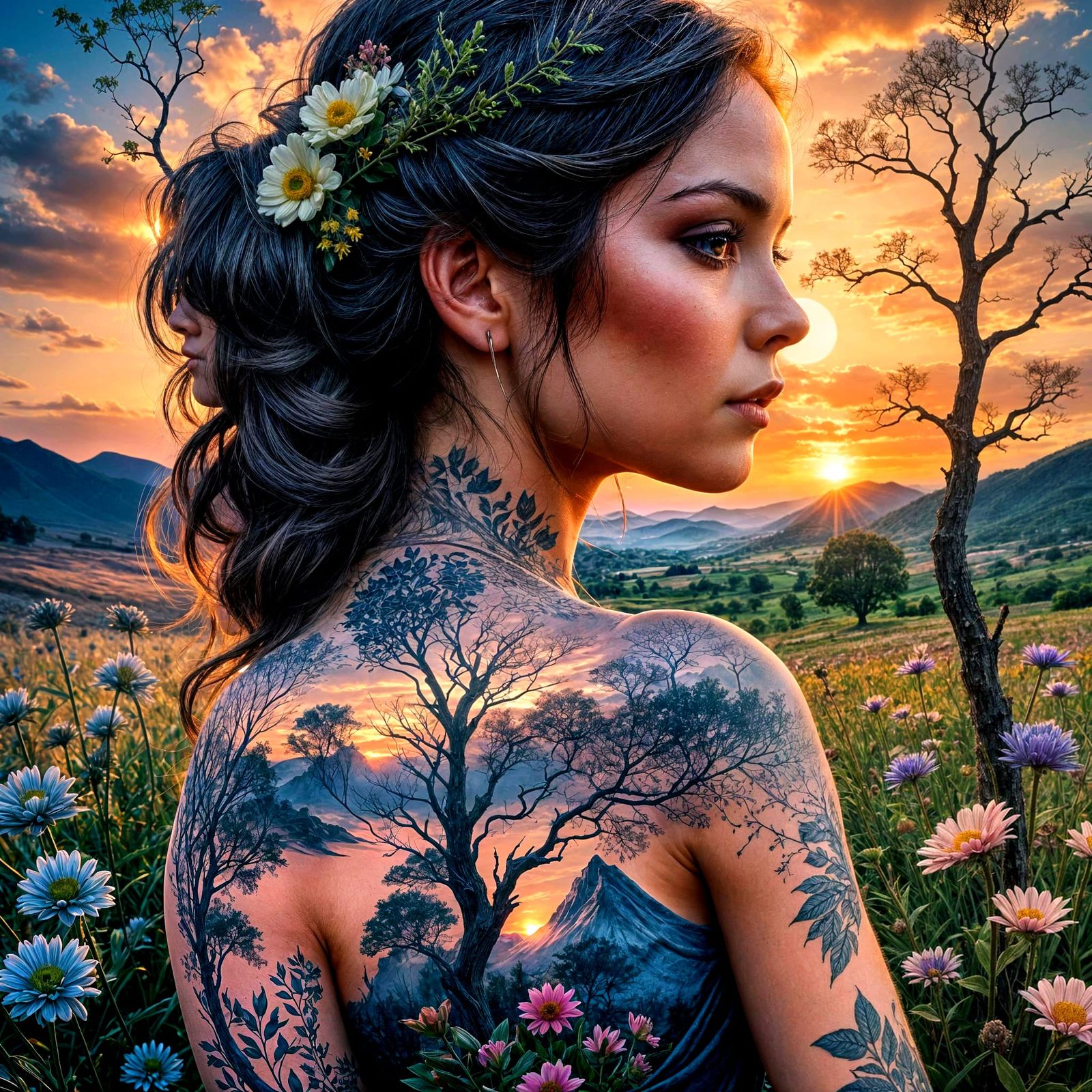Smoky Linework Tattoo Girl in Flower Landscape