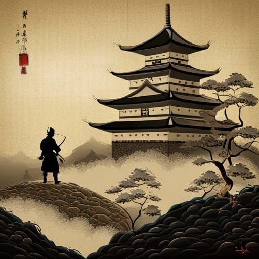 Samurai at Japanese Castle in Abstract Style