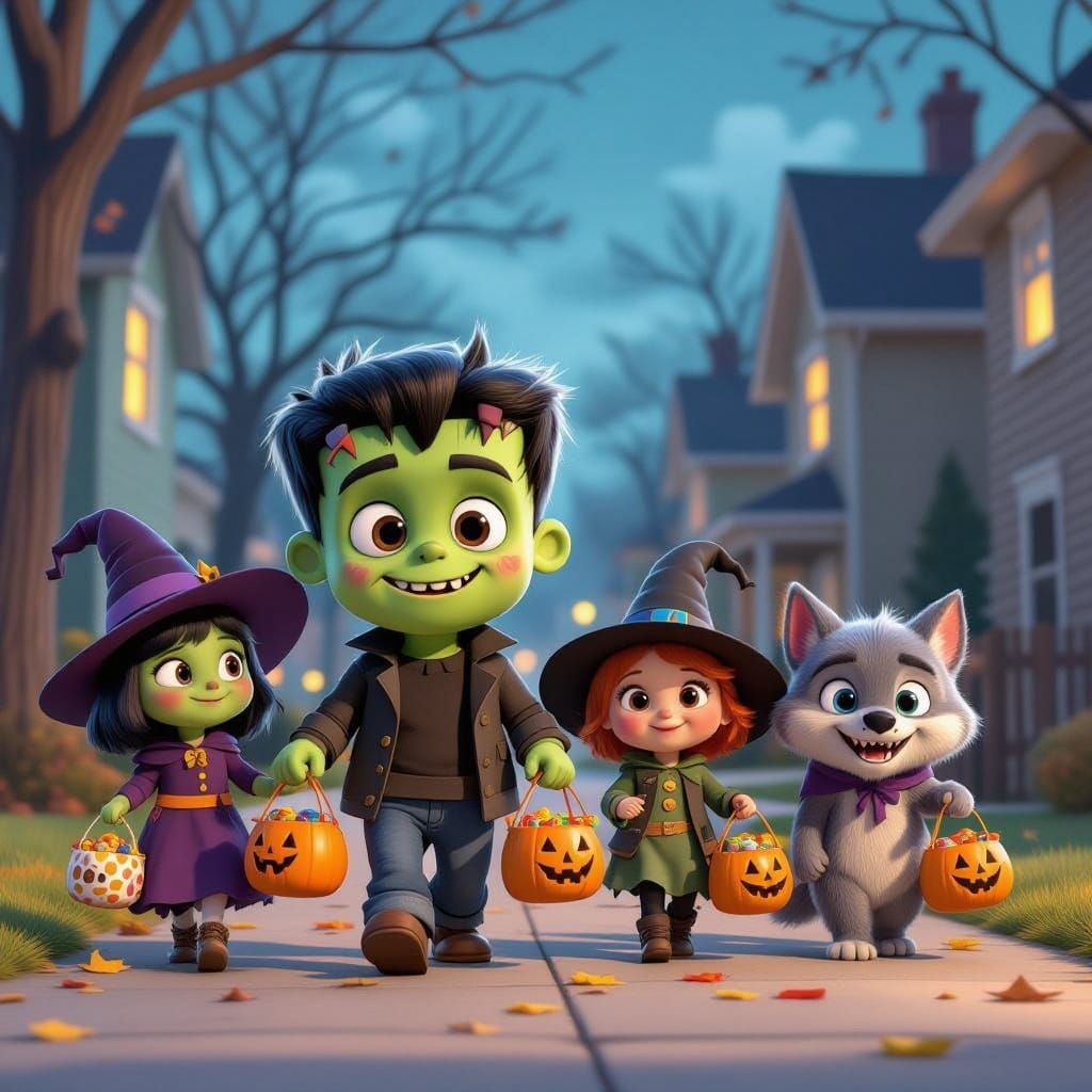 Frankenstein Jr. and Friends Trick-or-Treating in Pixar Styl...