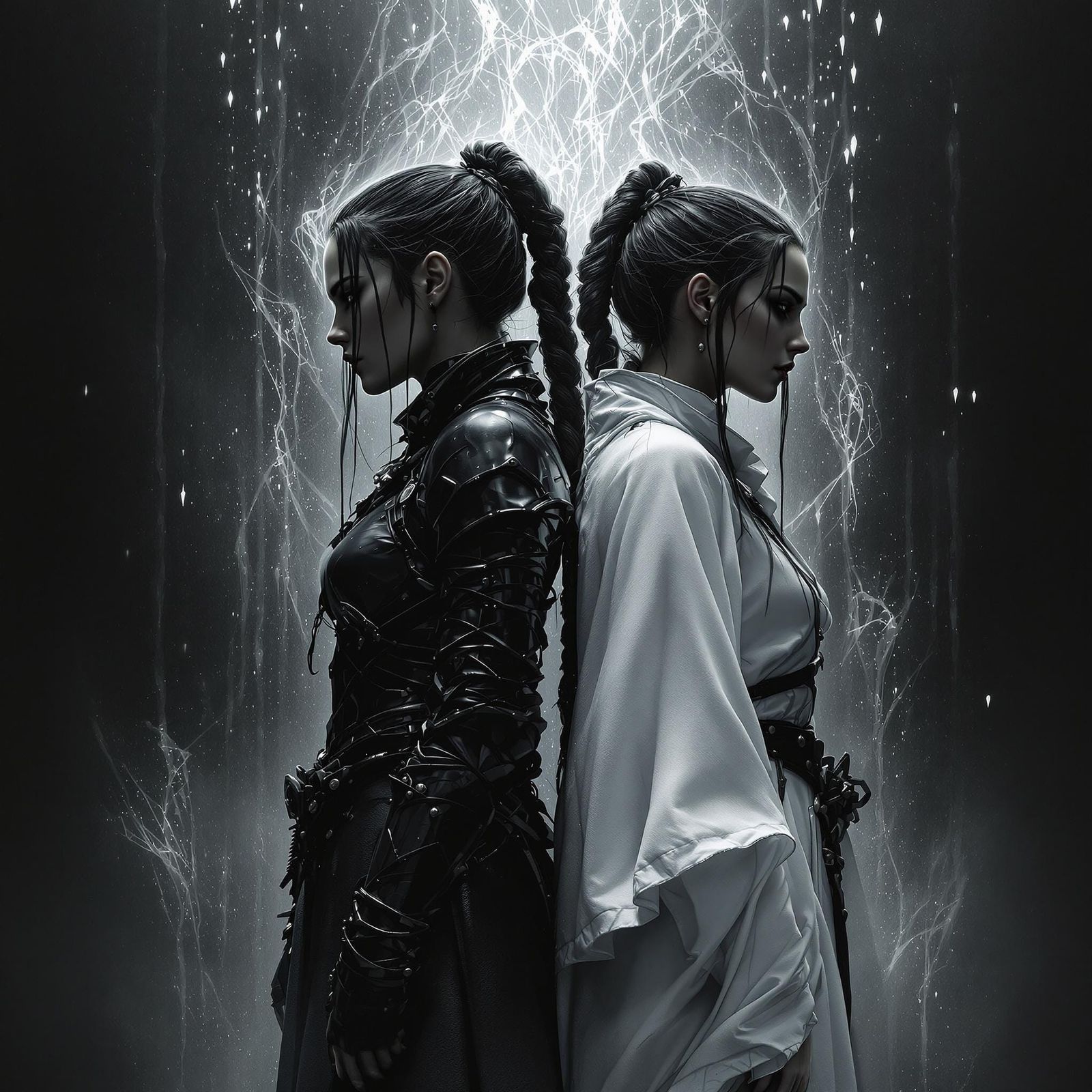 Monochrome Warriors in Twilight Realm: Inspired Art