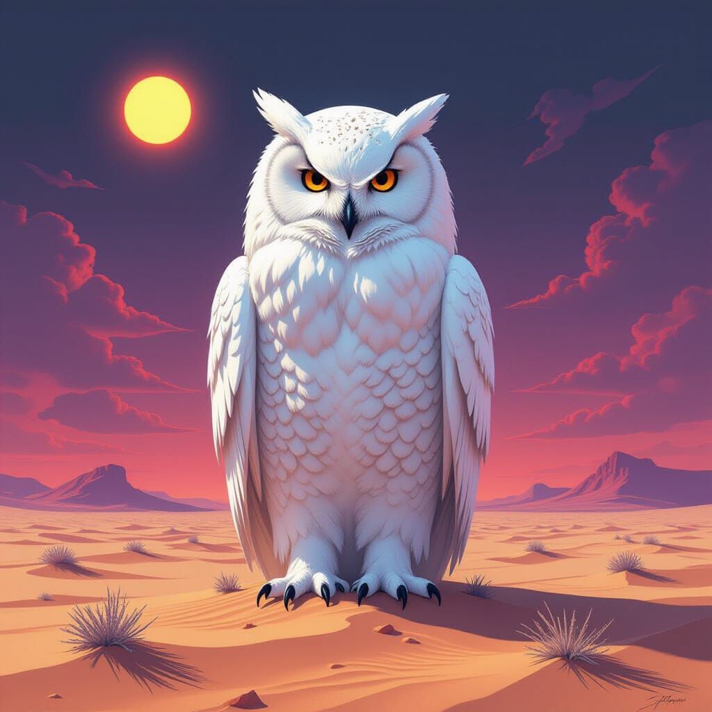 Giant Owl in Desert Under Binary Sunset with Crystal Flora
