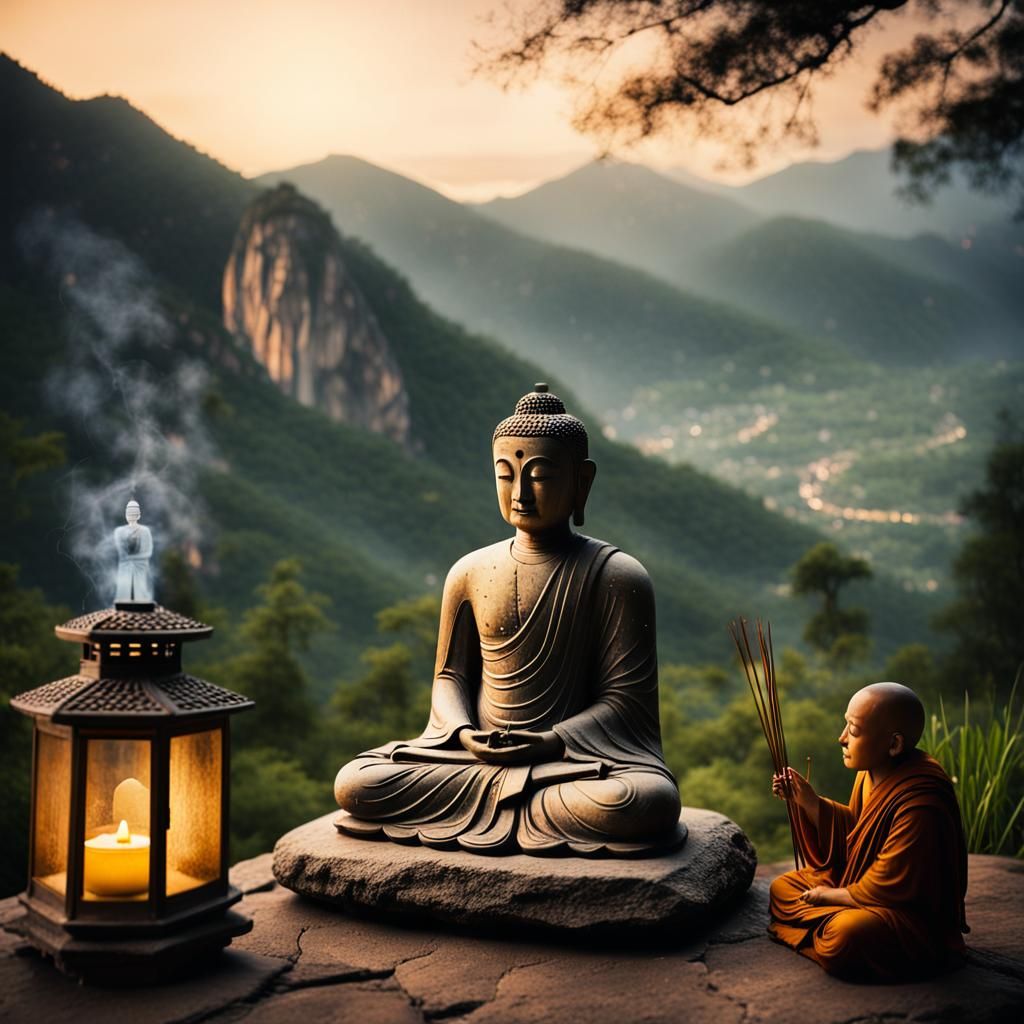 Monk Meditating Near Weathered Buddha Statue at Dusk