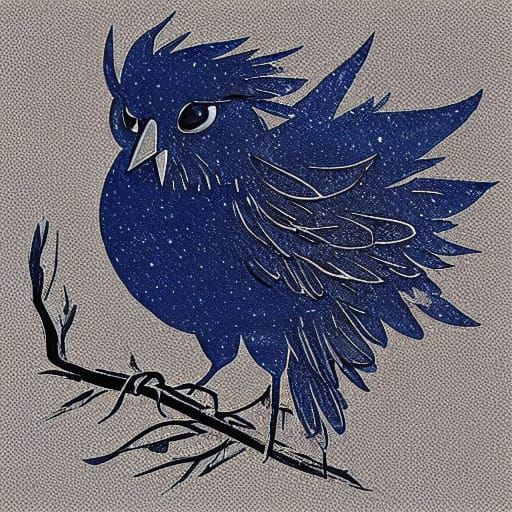 Ethereal Raven on Branch with Blue Accents