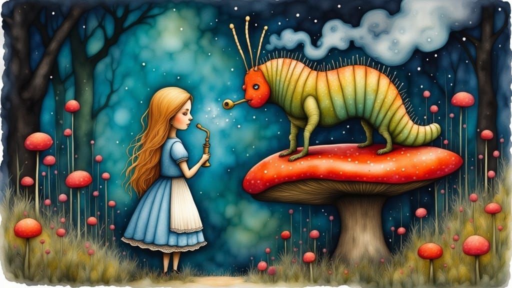 Whimsical Dark Fantasy Watercolor of Alice Curtsying to Smok...