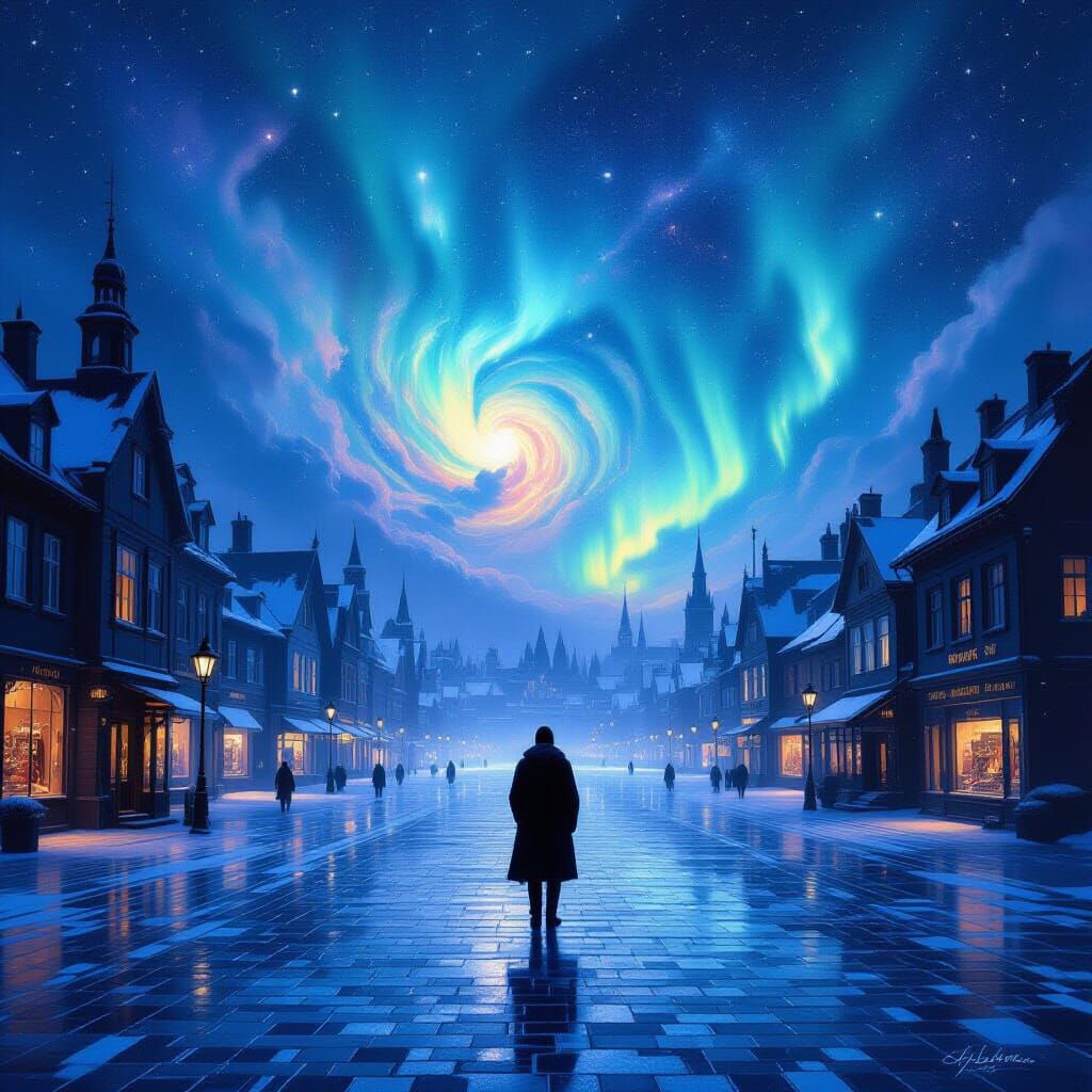 Cosmic Aurora Over Frosty Market Square