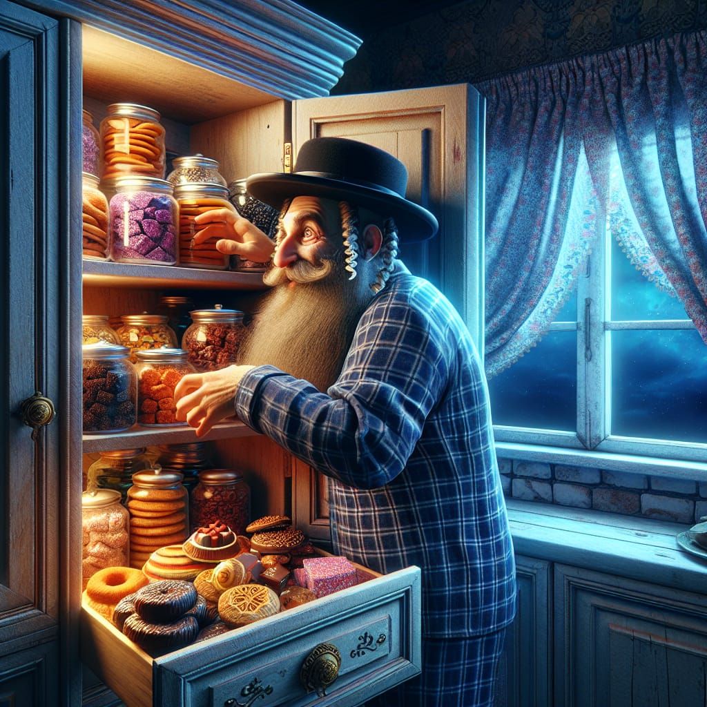 Hasidic Man Stealing Sweets: Matte Painting in 8k