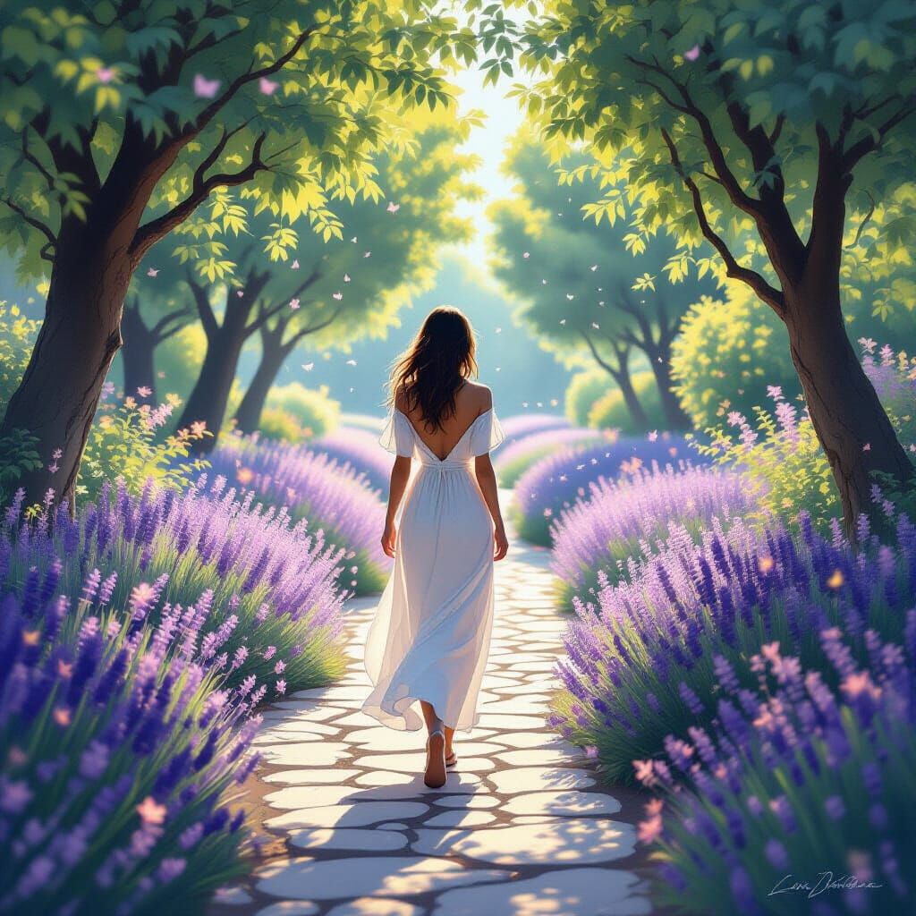 Woman Strolls Through Lavender Garden: Digital Painting