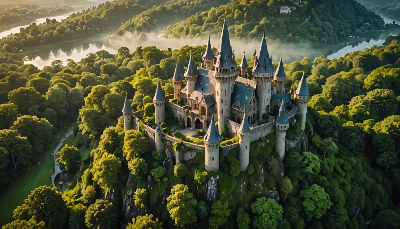 Aerial View: Serene Elven Castle in Greenery