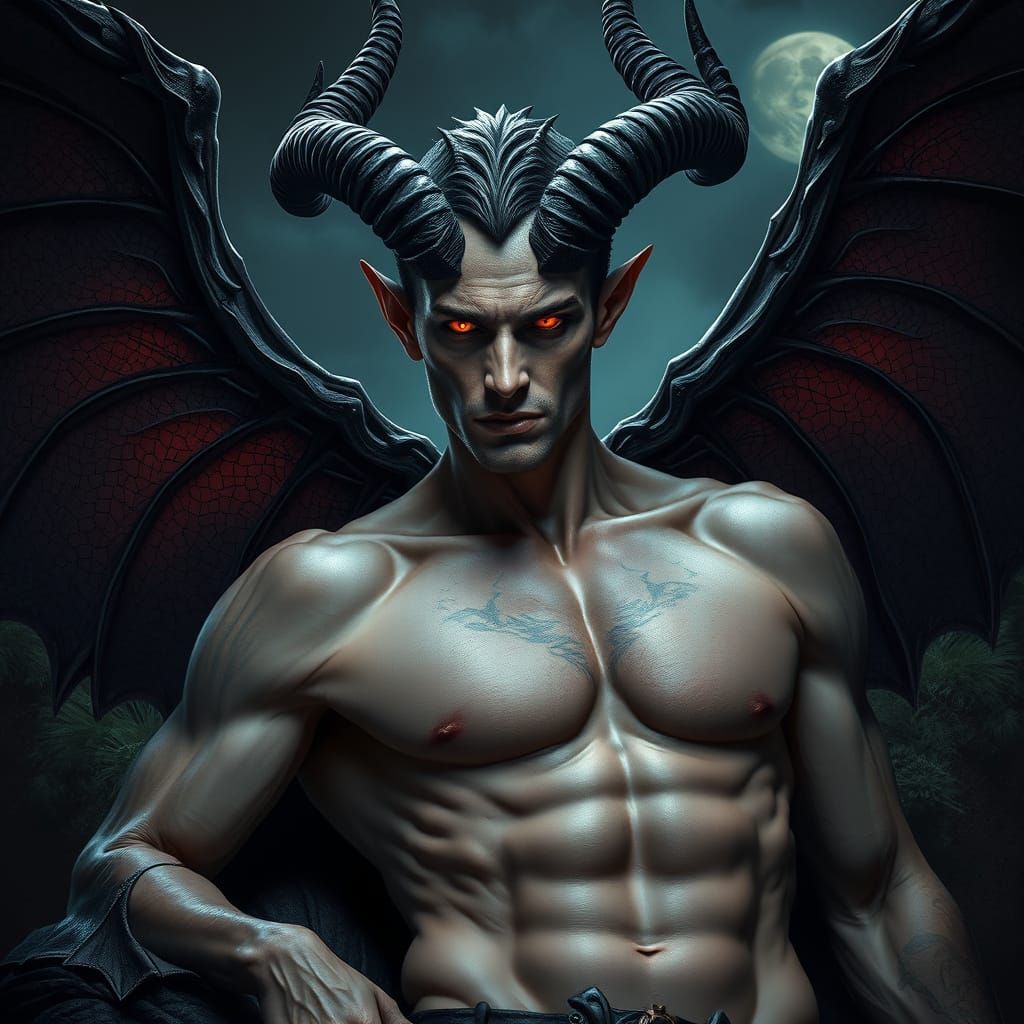 Gothic Demon Basks in Moonlit Garden