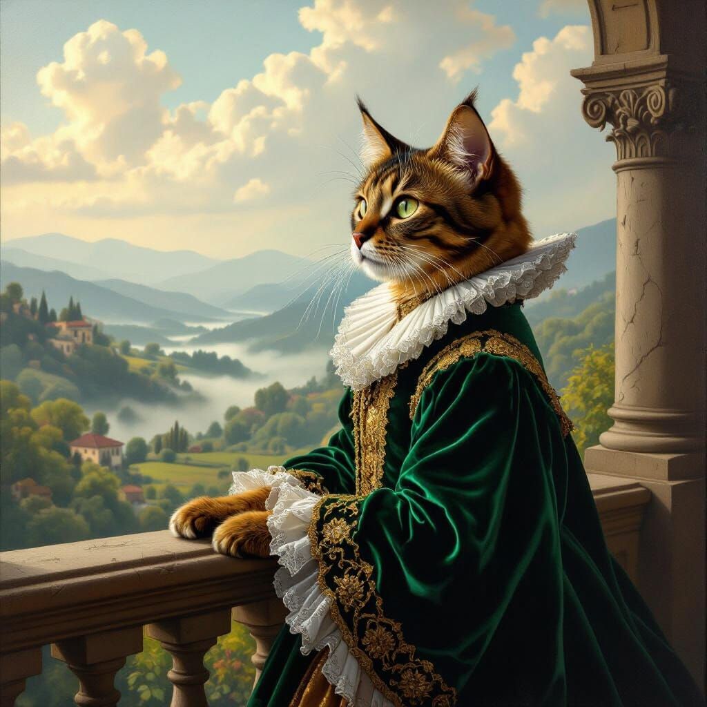 Abyssinian Cat in Renaissance Gown, Rembrandt Lighting