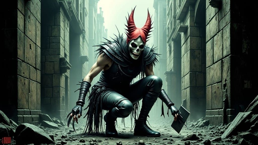 Dark Fae Fairy-Punk Warrior in Ruined Castle