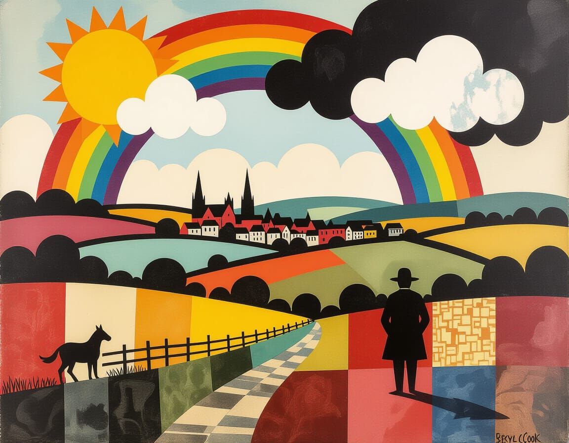 Whimsical English Landscape with Clockwork Sun, as Painting