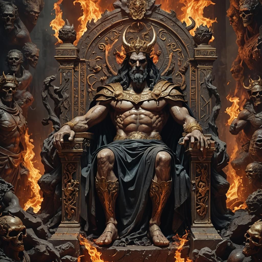 Hades on Throne in Hell: Hyperrealistic Splash Art