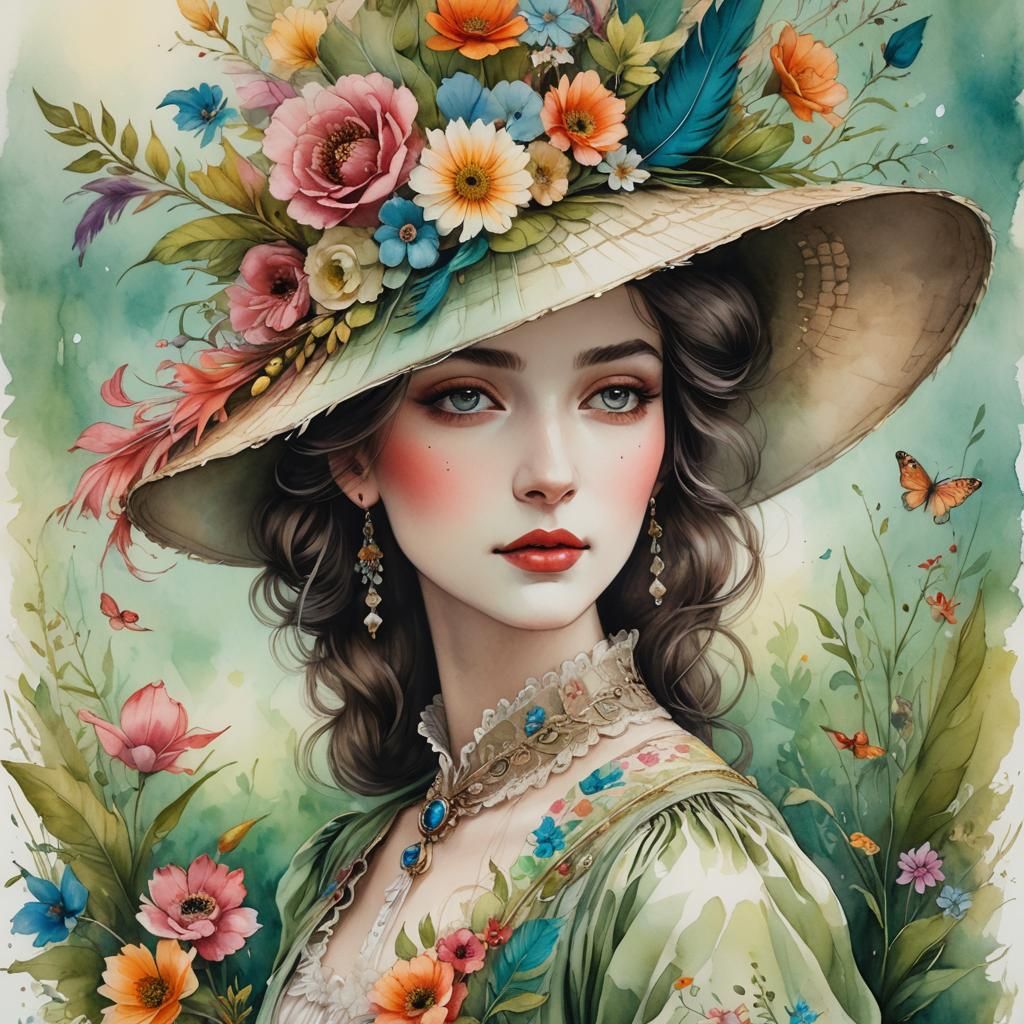 Victorian Woman Portrait with Floral Hat, Whimsical Illustra...