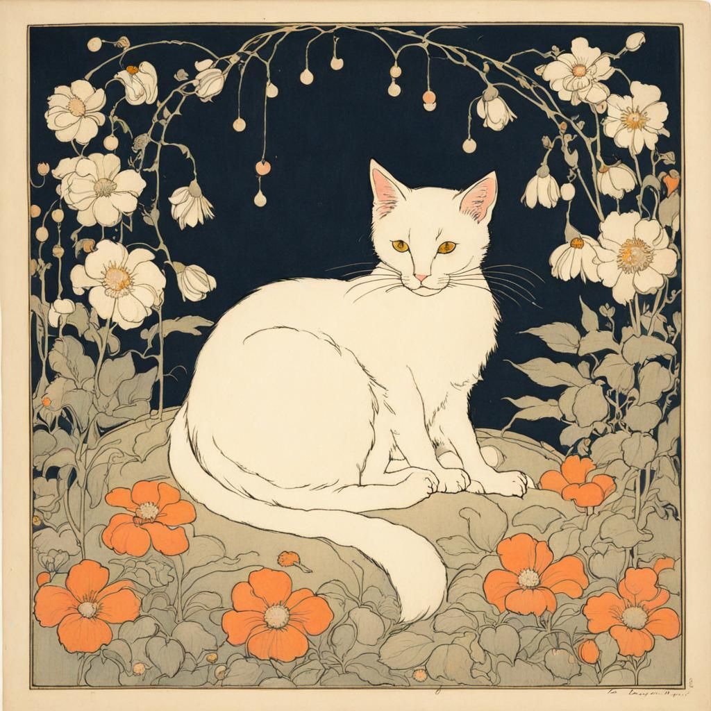 Cute Cat Surrounded by Flowers Illustration