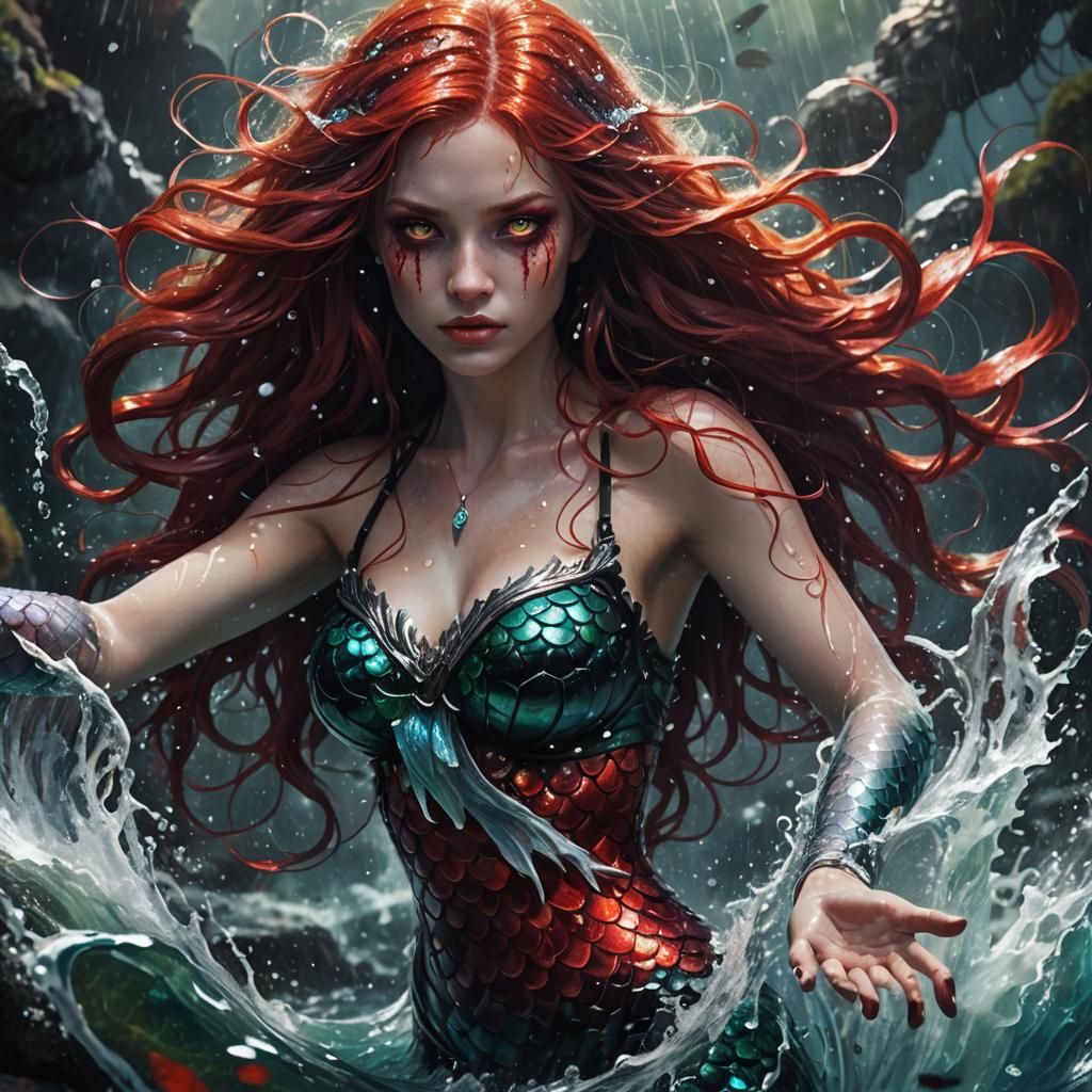 Dark Fantasy Mermaid Emerging from Raging Water