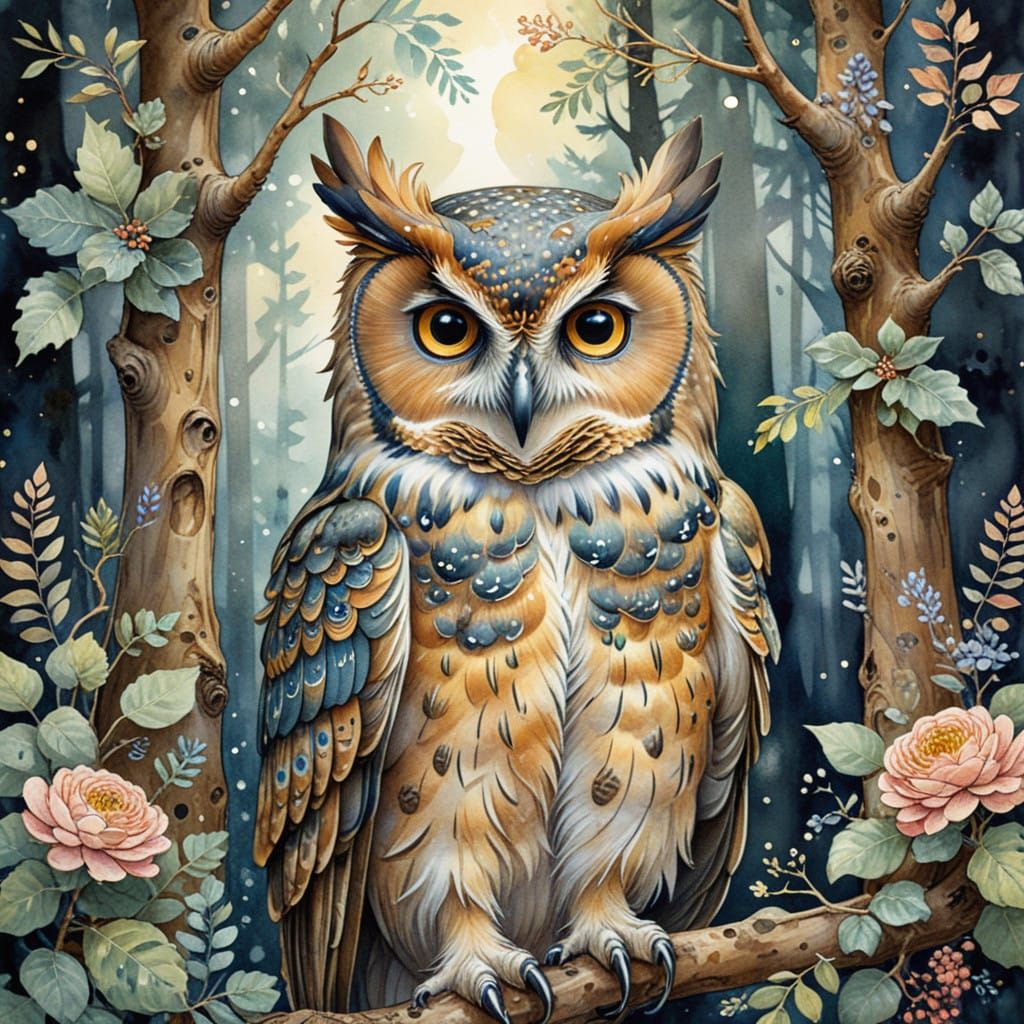 Whimsical Watercolor Owl in Enchanted Forest