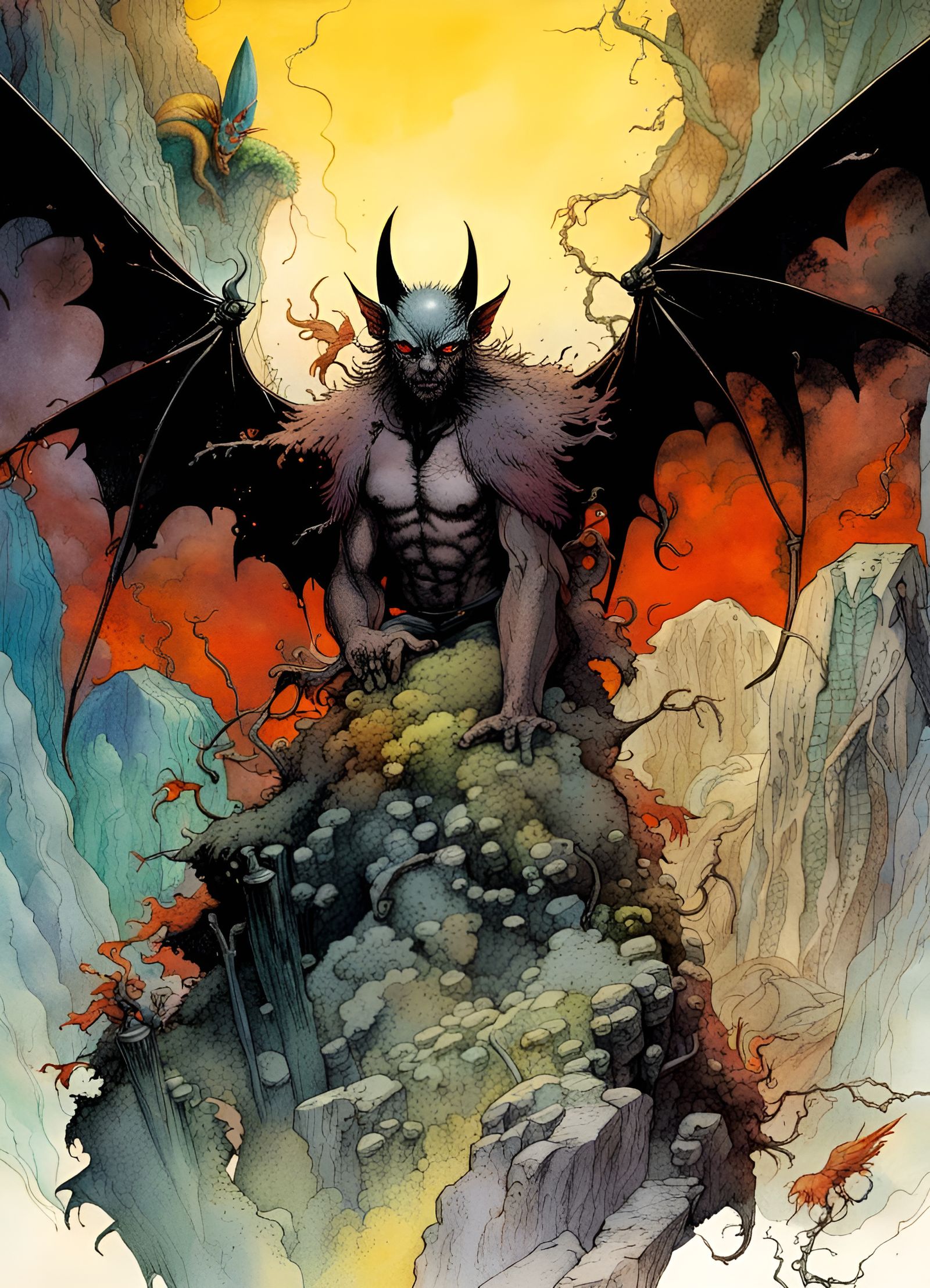 Bat Demon Mountain: Dark Fantasy Illustration