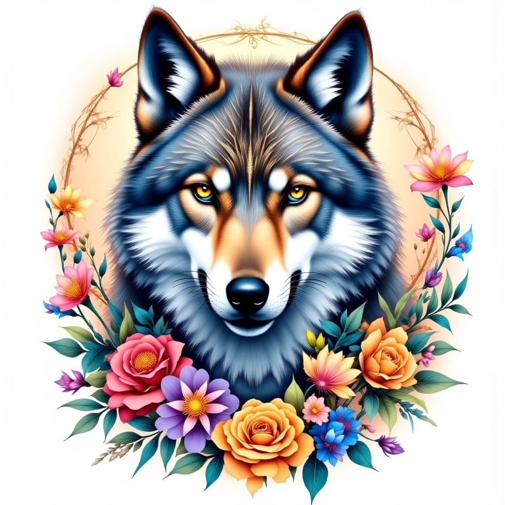 Watercolor Wolf Portrait with Boho Floral Mandala