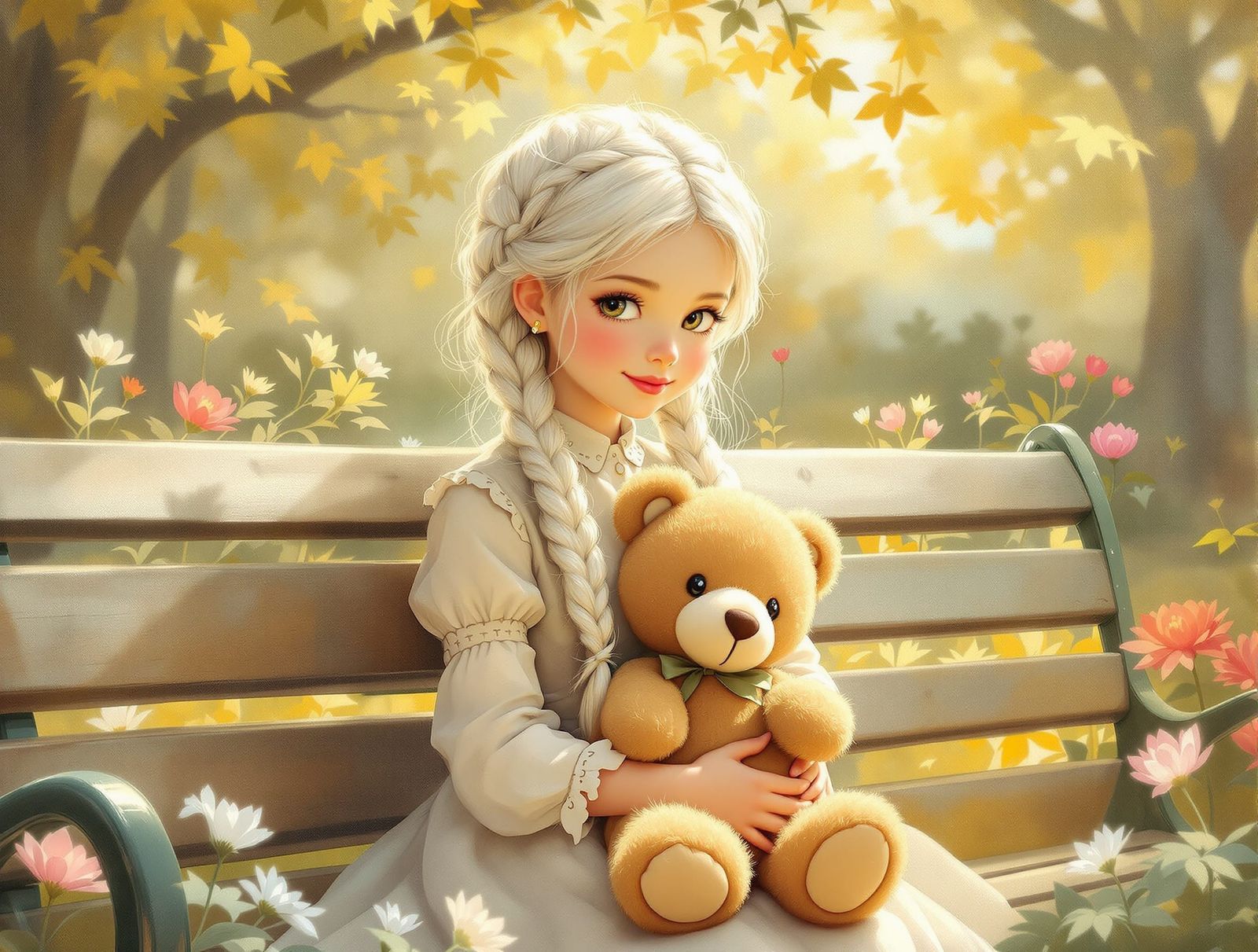 Girl with Teddy Bear in Dreamy Garden Illustration