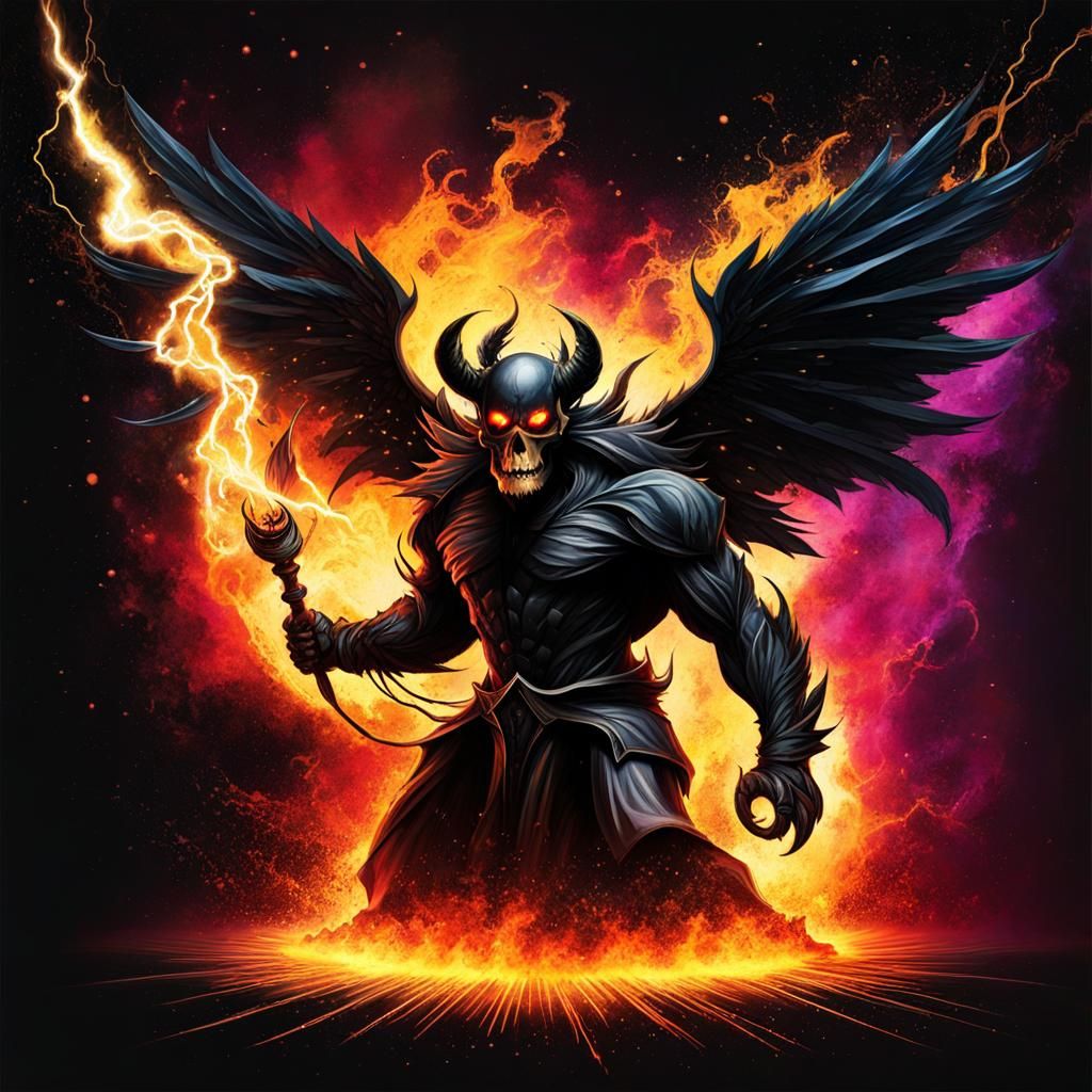 Electric Demon Battles Burning Skull: Splatter Art