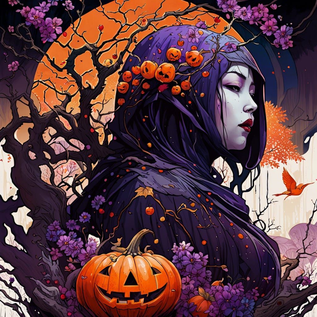 Colorful Haunted Halloween Scene with Cherry Blossoms