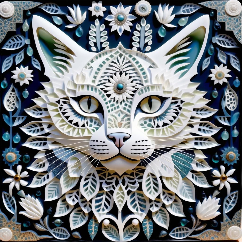 Whimsical White Glass Cat in Folk Art Style