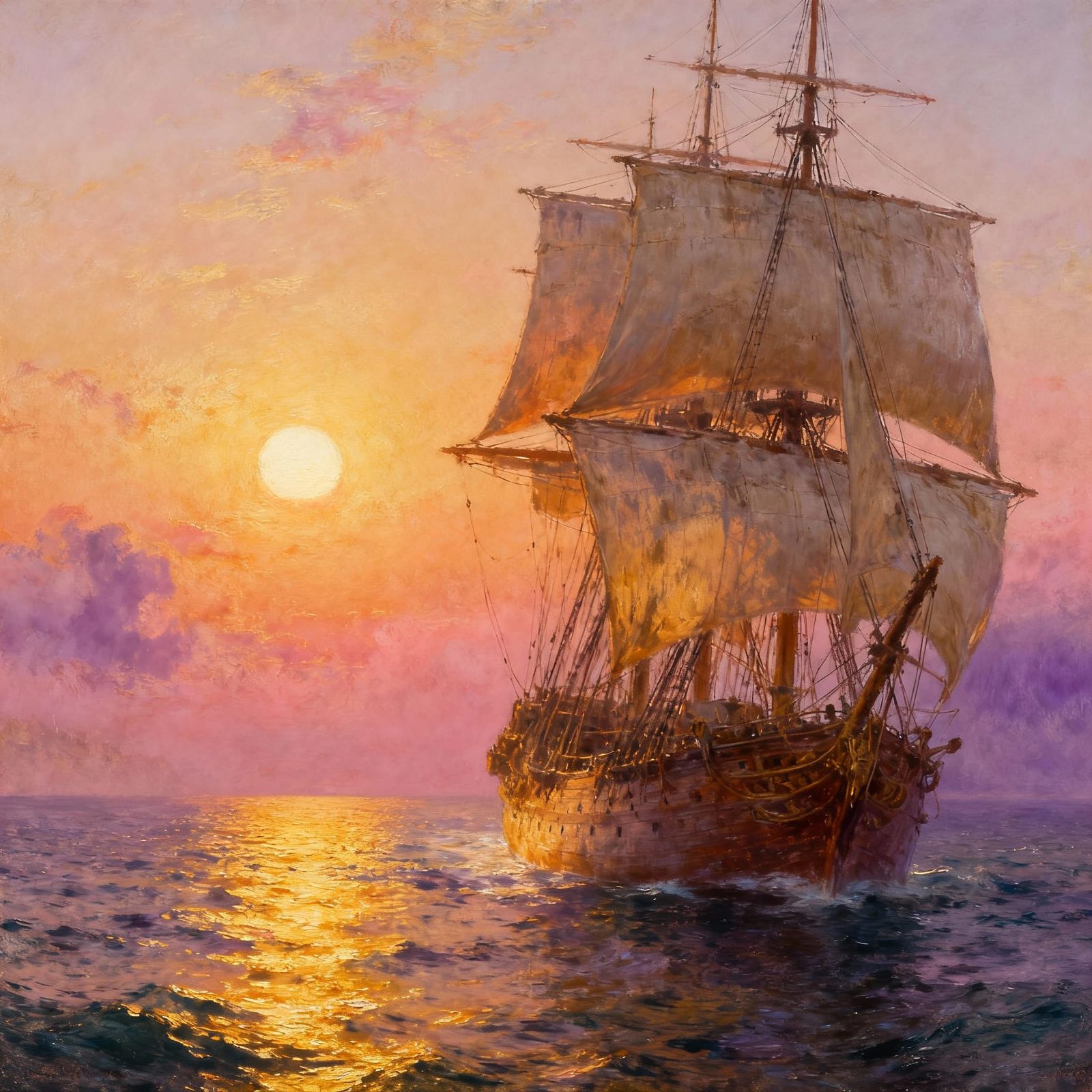 Majestic Ship Sails at Sunrise in Golden Hues