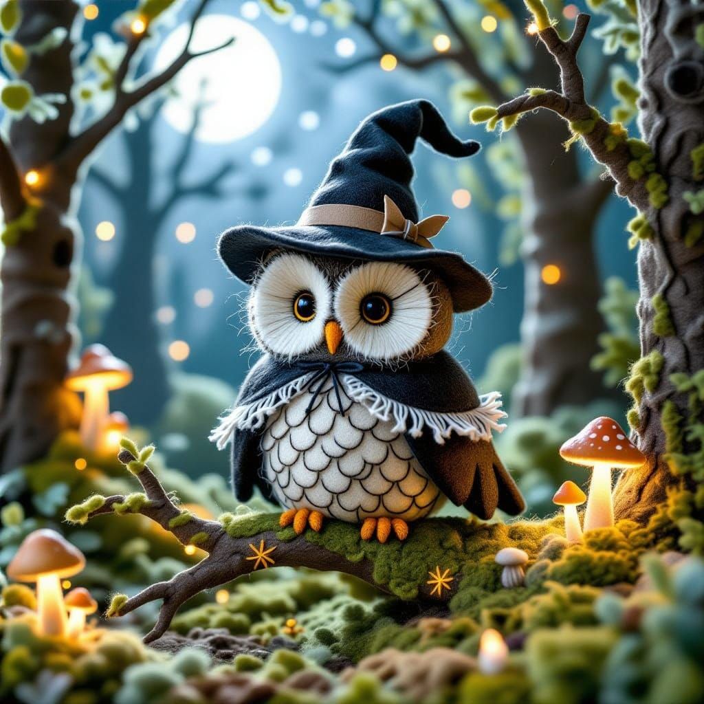 Whimsical Wool Witch Owl in Enchanted Forest